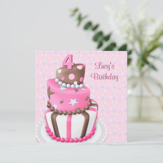 Roze Bruine Taart Meisjes 4e Verjaardagsfeest Kaart (Staand voorkant)