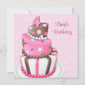 Roze Bruine Taart Meisjes 4e Verjaardagsfeest Kaart (Voorkant)