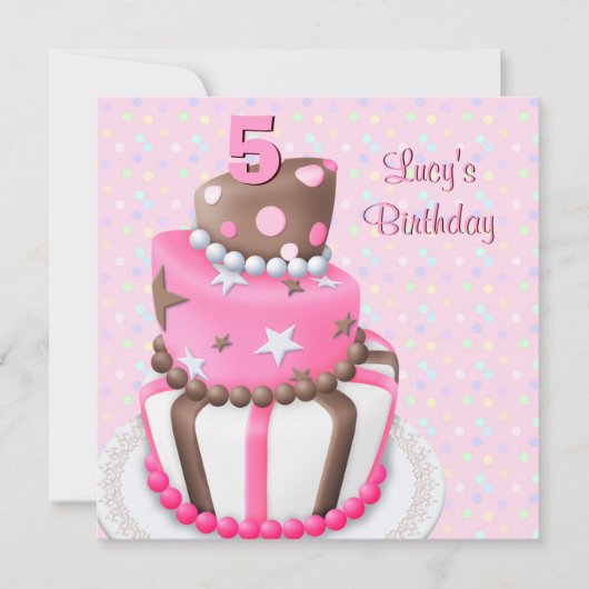 Roze Bruine Taart Meisjes 5e Verjaardagsfeest Kaart (Voorkant)