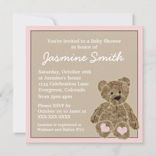 Roze bruine teddybeer riembuizen kaart (Voorkant)