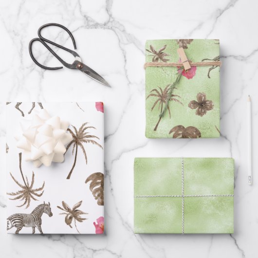 Roze bruine tropische Zebra bloemenpalmbomen Inpakpapier Vel (Voorkant)