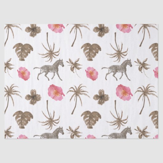 Roze bruine tropische Zebra Floral Palm Trees Tissuepapier (Voorkant)
