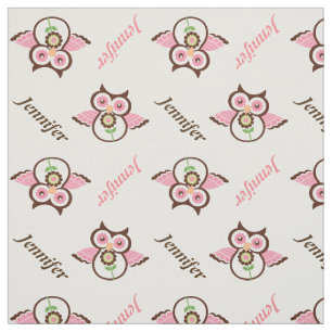 Roze bruine uil, bloemen & naam gepersonaliseerd stof