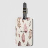 Roze bruine veren bagagelabel (Voorkant (verticaal))