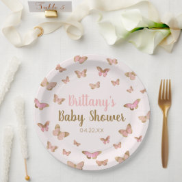 Roze bruine vlinder Gewaardeerd Baby shower Papieren Bordje
