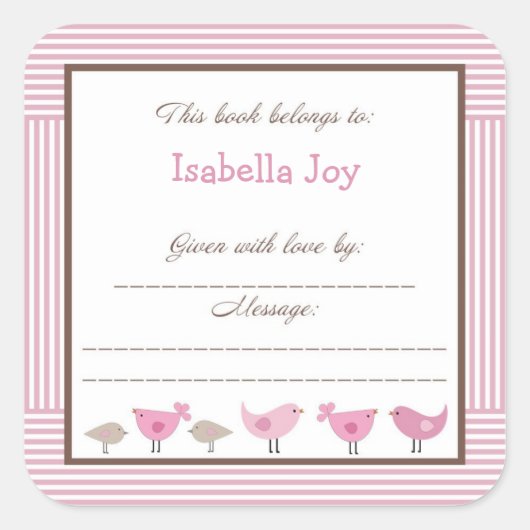 Roze Bruine Vogels Baby shower Penelope Boek Bord Vierkante Sticker (Voorkant)