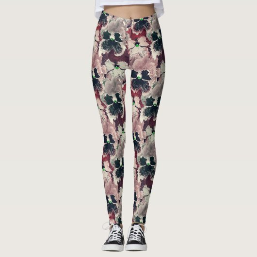 Roze, bruine waterverf bloemen leggings (Voorkant)