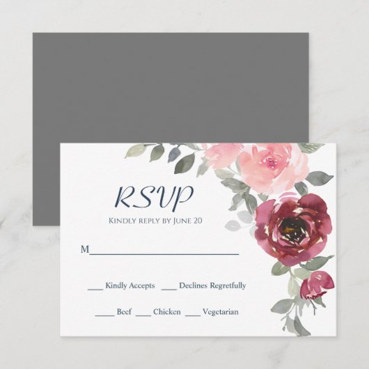 Roze bruine Waterverf bruiloft rond Bourgogne bloe RSVP Kaartje (Voorkant / Achterkant)