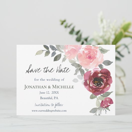 Roze bruine Waterverf bruiloft rond Bourgogne bloe Save The Date (Staand voorkant)