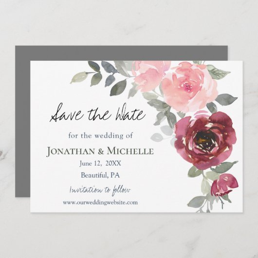 Roze bruine Waterverf bruiloft rond Bourgogne bloe Save The Date (Voorkant / Achterkant)