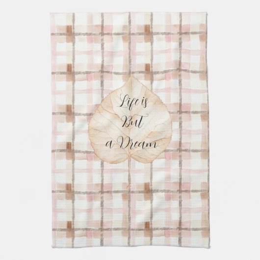 Roze Bruine Witte Gestreepte Plaid Blad Theedoek (Verticaal)