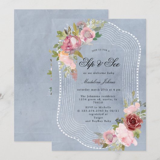 roze bruingebondente florale sip en uitnodiging (Voorkant / Achterkant)