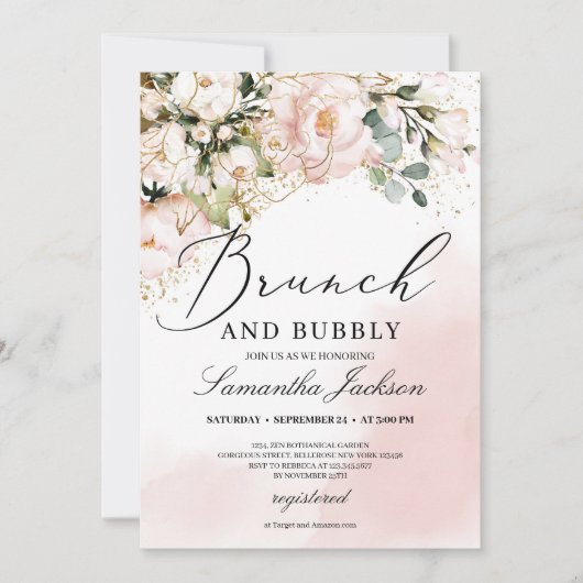 Roze bruinkroze florale brunch en bubbelig kaart (Voorkant)