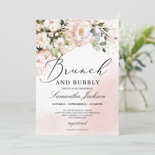 Roze bruinkroze florale brunch en bubbelig kaart (Staand voorkant)