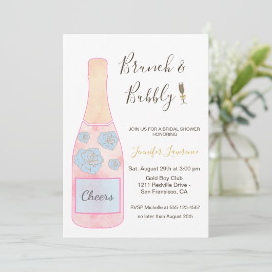 Roze Brunch Bruisende Champagne Fles Bruidsdouche Kaart (Staand voorkant)