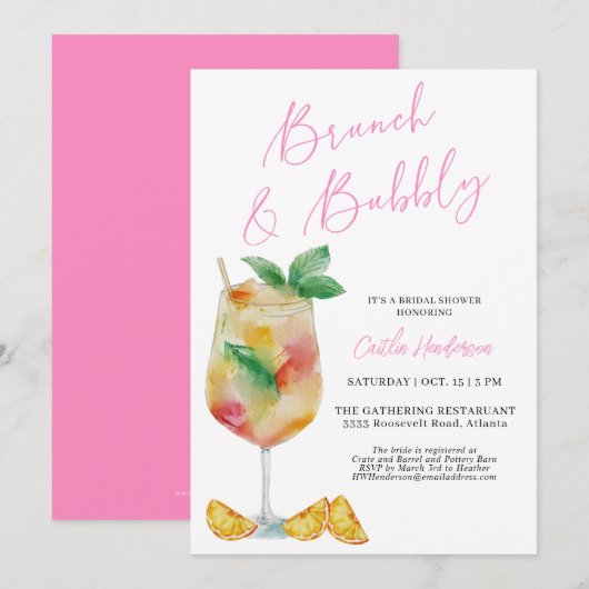 Roze Brunch en Bubble Champagne Vrijgezellenfeest Kaart (Voorkant / Achterkant)