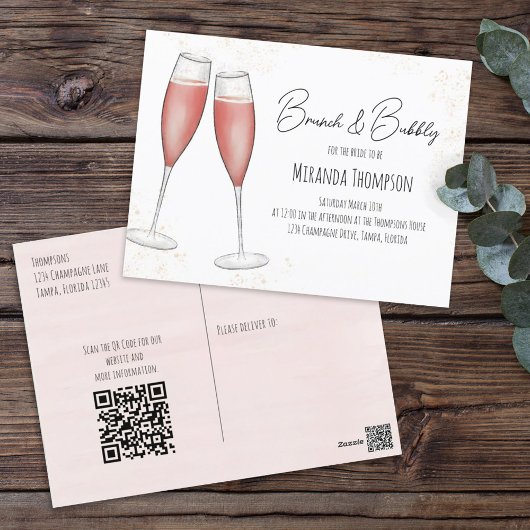 Roze Brunch en Bubble Vrijgezellenfeest QR-code Briefkaart