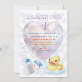 Roze Bubbel Eend 1e Verjaardagsuitnodiging Kaart