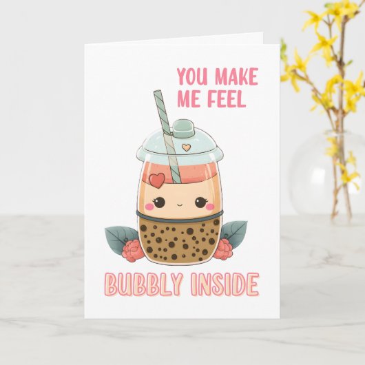 Roze bubbels Boba bubble tea-beker schattig Valent Kaart (Gele Bloem)