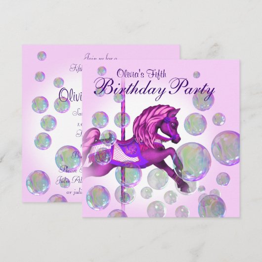 Roze Bubbels Carrousel Pony Meisjes Verjaardagsfee Kaart (Voorkant / Achterkant)