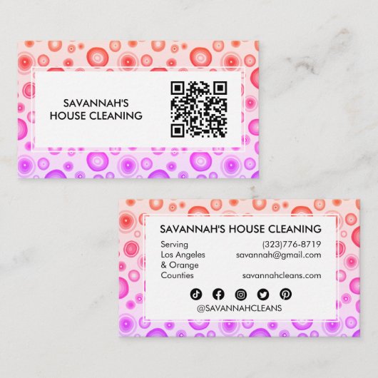 Roze Bubbels Minimale Huis Reiniging Janitorial QR Visitekaartje (Voorkant / Achterkant)
