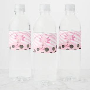 Roze Bubble Boba Tea Axolotl Verjaardagsfeest Waterfles Etiket