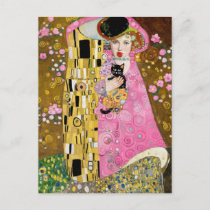 Roze Bubble Gum Dame met Gustav Klimt Kat Kunst Briefkaart