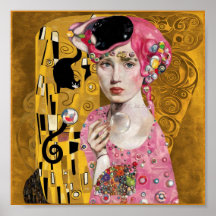 Roze Bubble Gum Dame met Gustav Klimt Kat Kunst