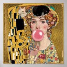 Roze Bubble Gum Dame met Gustav Klimt Kat Kunst