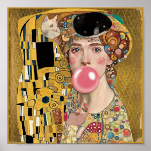 Roze Bubble Gum Dame met Gustav Klimt Kat Kunst Poster