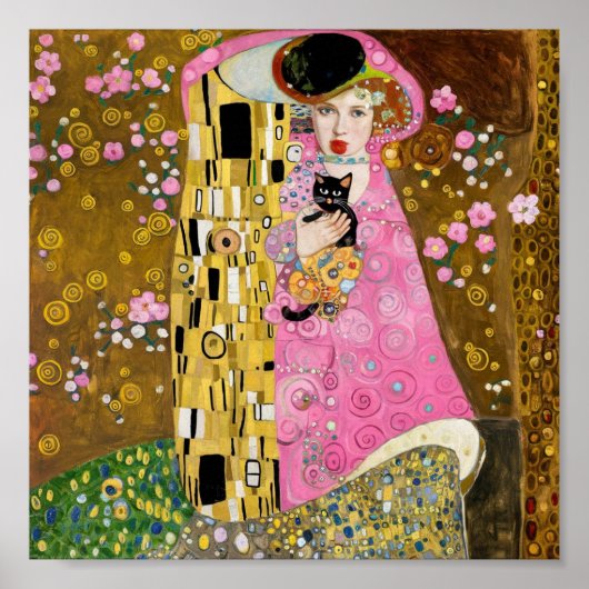 Roze Bubble Gum Dame met Gustav Klimt Kat Kunst Poster (Voorkant)