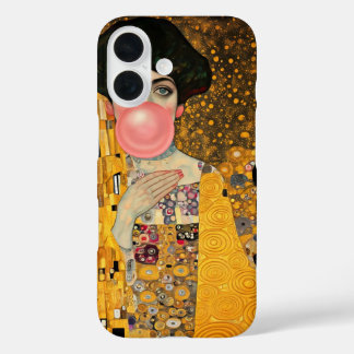 Roze Bubble Gum Dame met Zwarte Kat Gustav Klimt iPhone 16 Hoesje