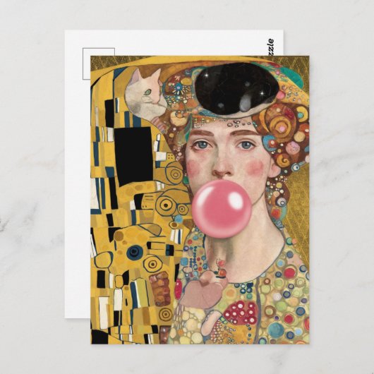 Roze Bubble Gum Lady met Gustav Klimt Kattenkunst Briefkaart (Voorkant / Achterkant)