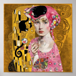 Roze Bubble Gum Lady met Gustav Klimt Kattenkunst Poster