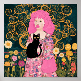 Roze Bubble Gum Lady met Gustav Klimt Kattenkunst Poster