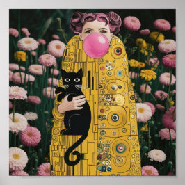Roze Bubble Gum Lady met Gustav Klimt Kattenkunst Poster