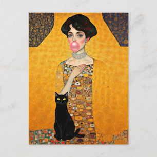 Roze Bubble Gum Lady met zwarte kat Gustav Klimt Briefkaart