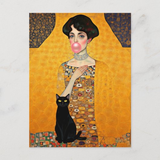 Roze Bubble Gum Lady met zwarte kat Gustav Klimt Briefkaart (Voorkant)