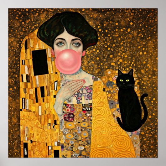 Roze Bubble Gum Lady met zwarte kat Gustav Klimt Poster (Voorkant)