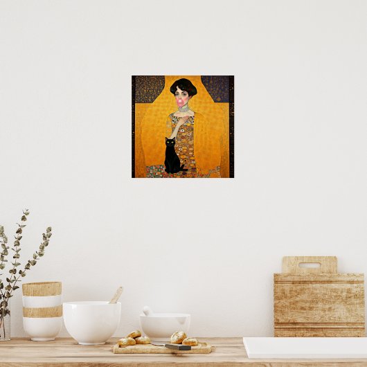Roze Bubble Gum Lady met zwarte kat Gustav Klimt Poster (Keuken)