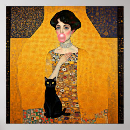 Roze Bubble Gum Lady met zwarte kat Gustav Klimt Poster