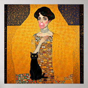 Roze Bubble Gum Lady met zwarte kat Gustav Klimt Poster