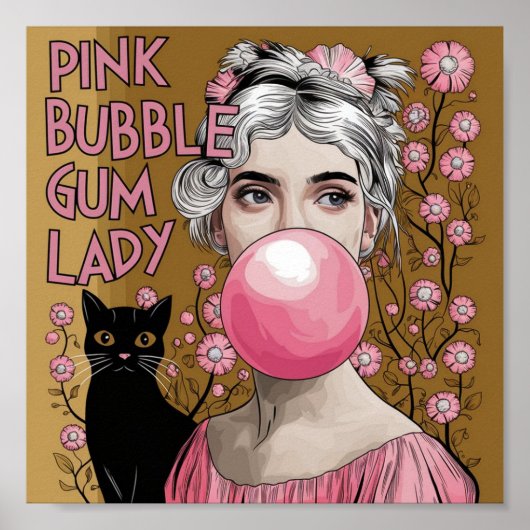 Roze Bubble Gum Lady met zwarte kat Gustav Klimt Poster (Voorkant)