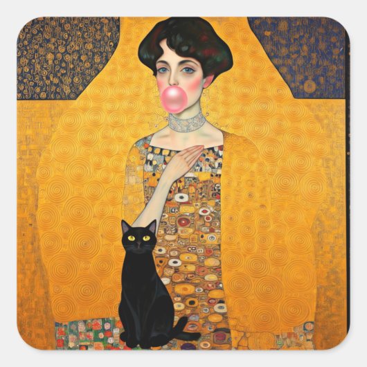 Roze Bubble Gum Lady met zwarte kat Gustav Klimt Vierkante Sticker (Voorkant)