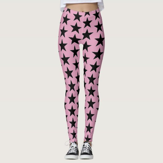 Roze Bubblegum Met Zwarte Sterren Leggings (Voorkant)