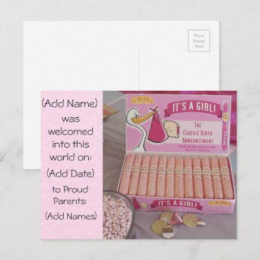 Roze Bubblegum Sigaar Baby Girl Aankondiging (Voorkant / Achterkant)