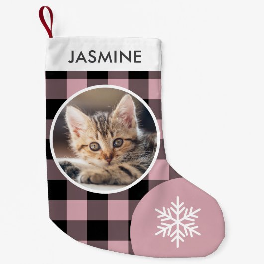 Roze Buffalo Geplaagd Custom Pet Kat Foto Kleine Kerstsok (Voorkant)