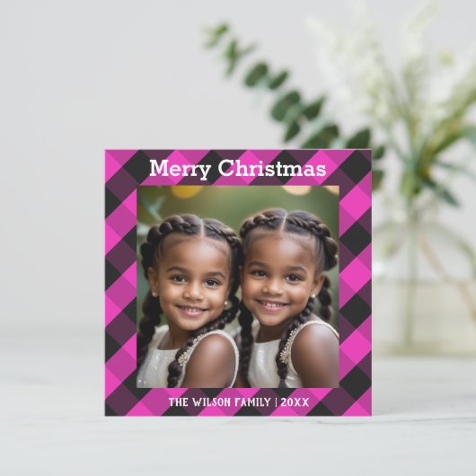 Roze Buffel Check aangepaste foto Kerstmis Feestdagenkaart (Staand voorkant)