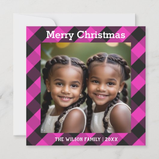 Roze Buffel Check aangepaste foto Kerstmis Feestdagenkaart (Voorkant)
