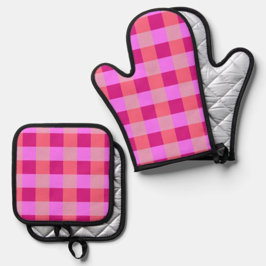 Roze Buffel geruit Ovenwant & Pannenlap Set (Voorkant / Achterkant)